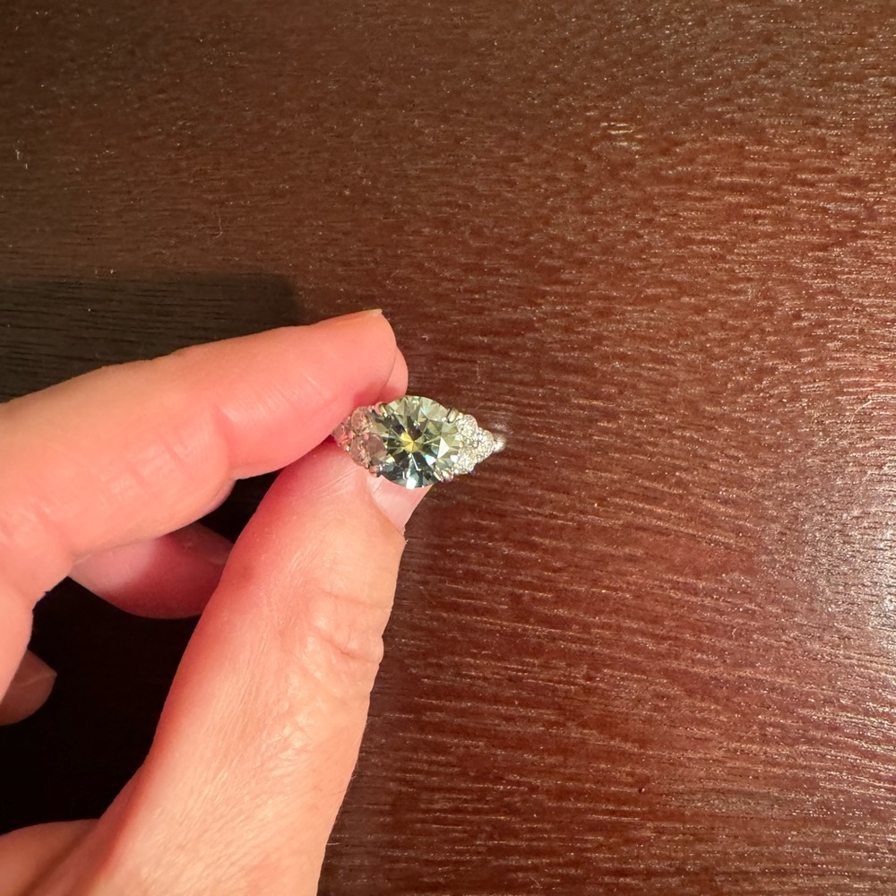 Silver Ring with Green-Blue Moissanite Stone and Side Diamonds - Picture 6 of 7